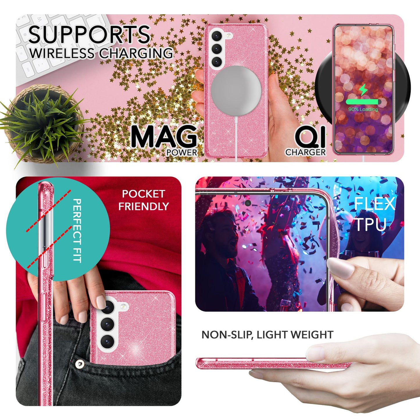 NALIA Glitzerhülle für Samsung Galaxy S23 – Funkelnder Glitzer-Look & Grip – SHINEPOP (Silikon Case) – Marke aus Berlin