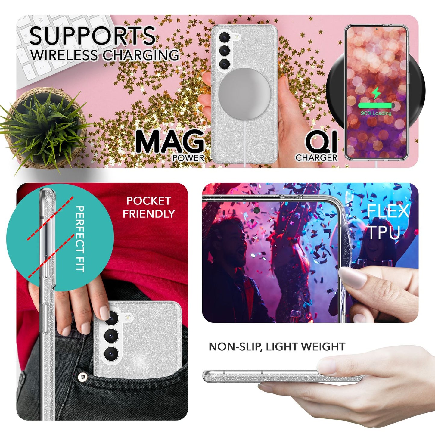 NALIA Glitzerhülle für Samsung Galaxy S23 – Funkelnder Glitzer-Look & Grip – SHINEPOP (Silikon Case) – Marke aus Berlin