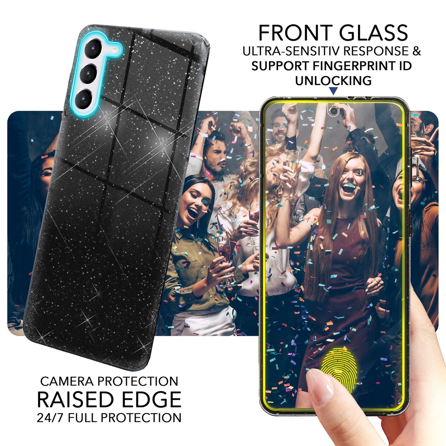 NALIA Glitzerhülle für Samsung Galaxy S23 Plus – Funkelnder Glitzer-Look & Grip – SHINEPOP (Silikon Case) – Marke aus Berlin