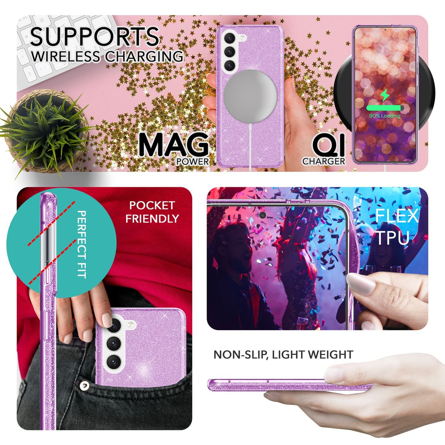 NALIA Glitzerhülle für Samsung Galaxy S23 Plus – Funkelnder Glitzer-Look & Grip – SHINEPOP (Silikon Case) – Marke aus Berlin