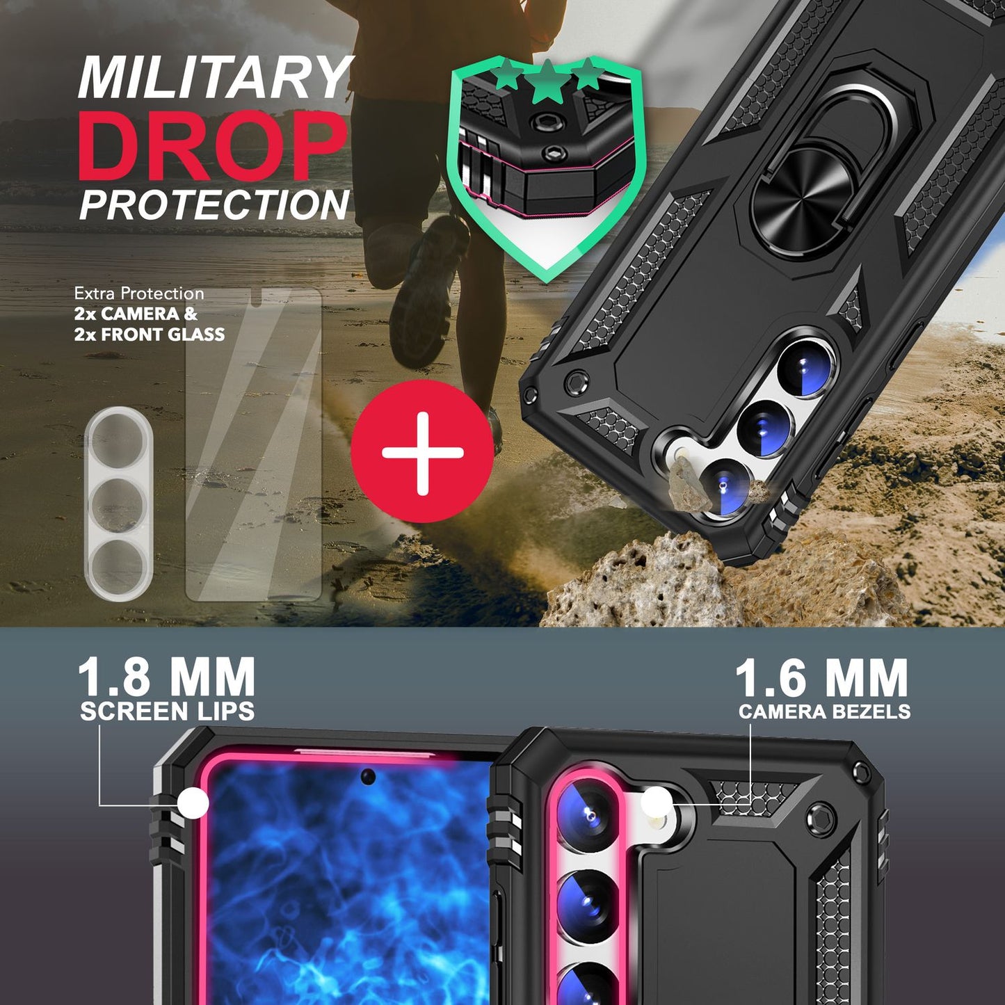 NALIA Panzerhülle für Samsung Galaxy S23 Plus – Ring-Ständer 360° & Magnet-Halterung Kompatibel – RINGDEFEND (Stoßfestes Outdoor Case) – Marke aus Berlin