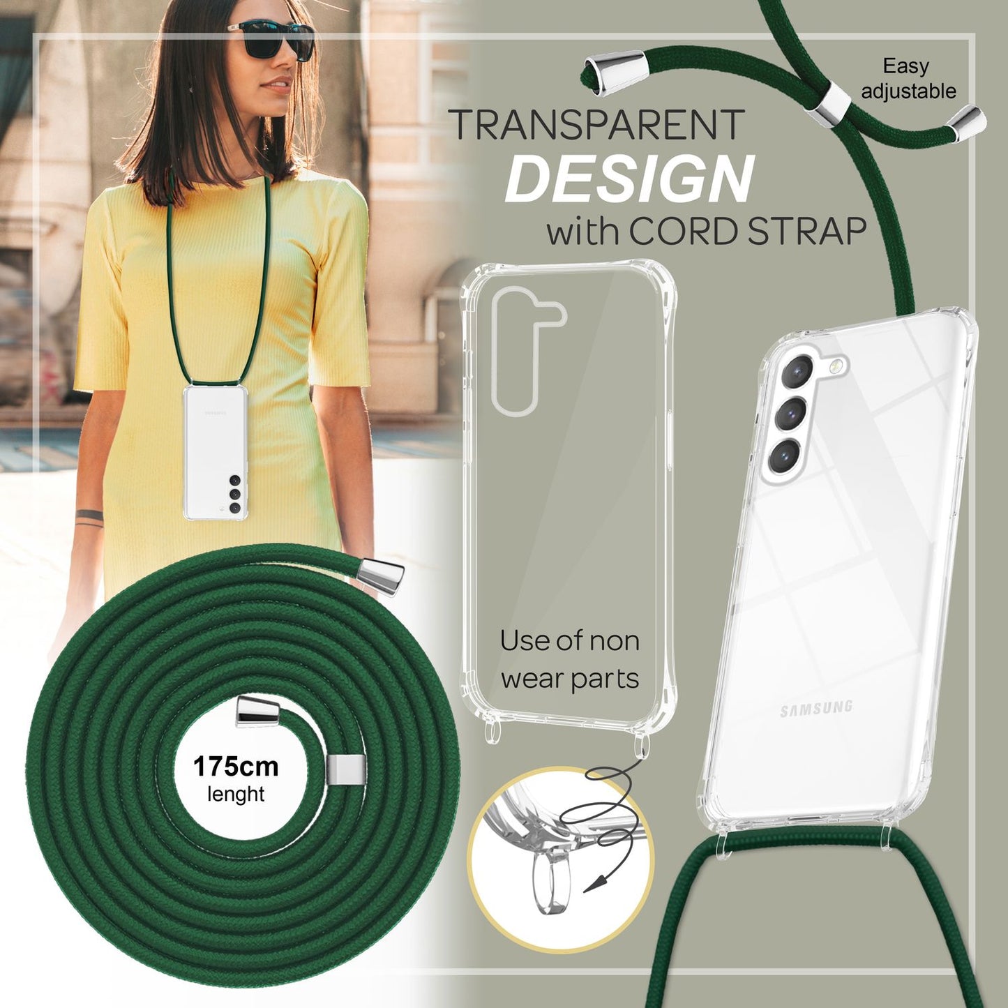 NALIA Handykette für Samsung Galaxy S23 Plus – Transparentes Hybrid-Case & Band – HANGIT PRO (Anti-Gelb Rückseite & Verstellbar) – Marke aus Berlin