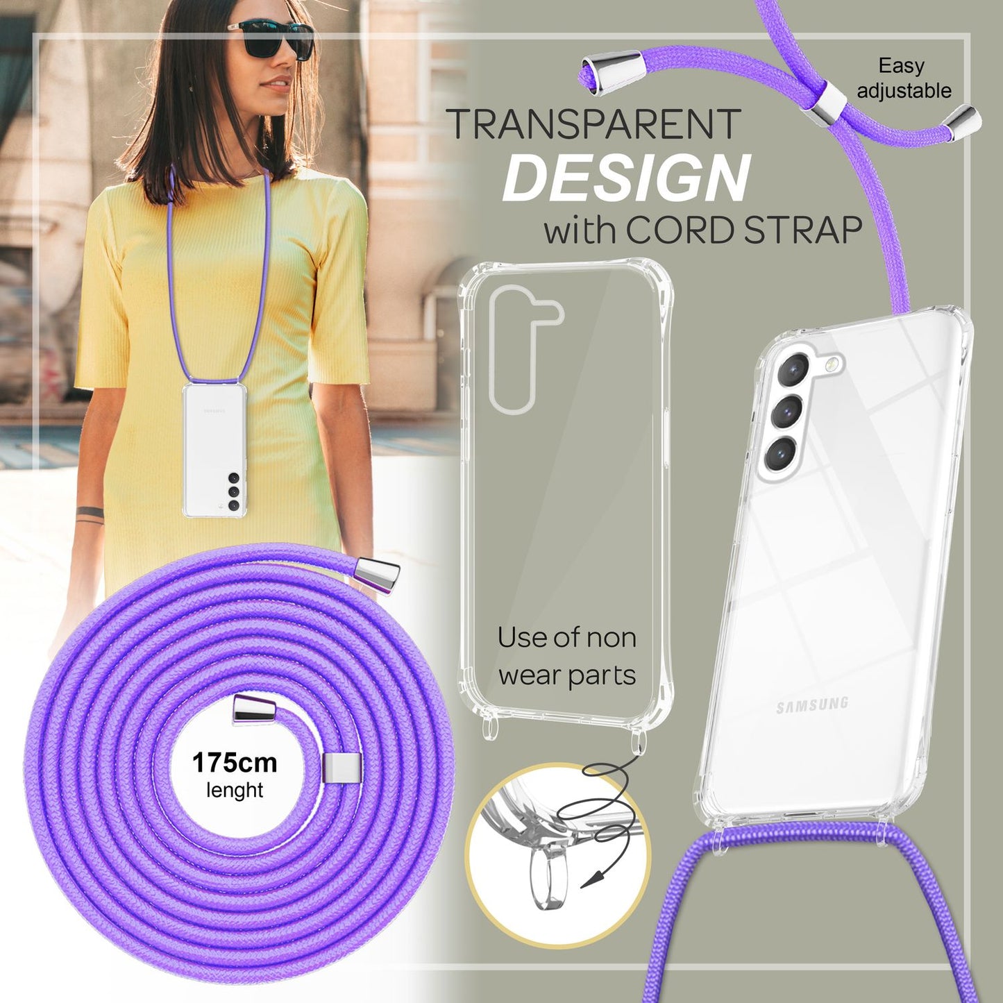 NALIA Handykette für Samsung Galaxy S23 Plus – Transparentes Hybrid-Case & Band – HANGIT PRO (Anti-Gelb Rückseite & Verstellbar) – Marke aus Berlin