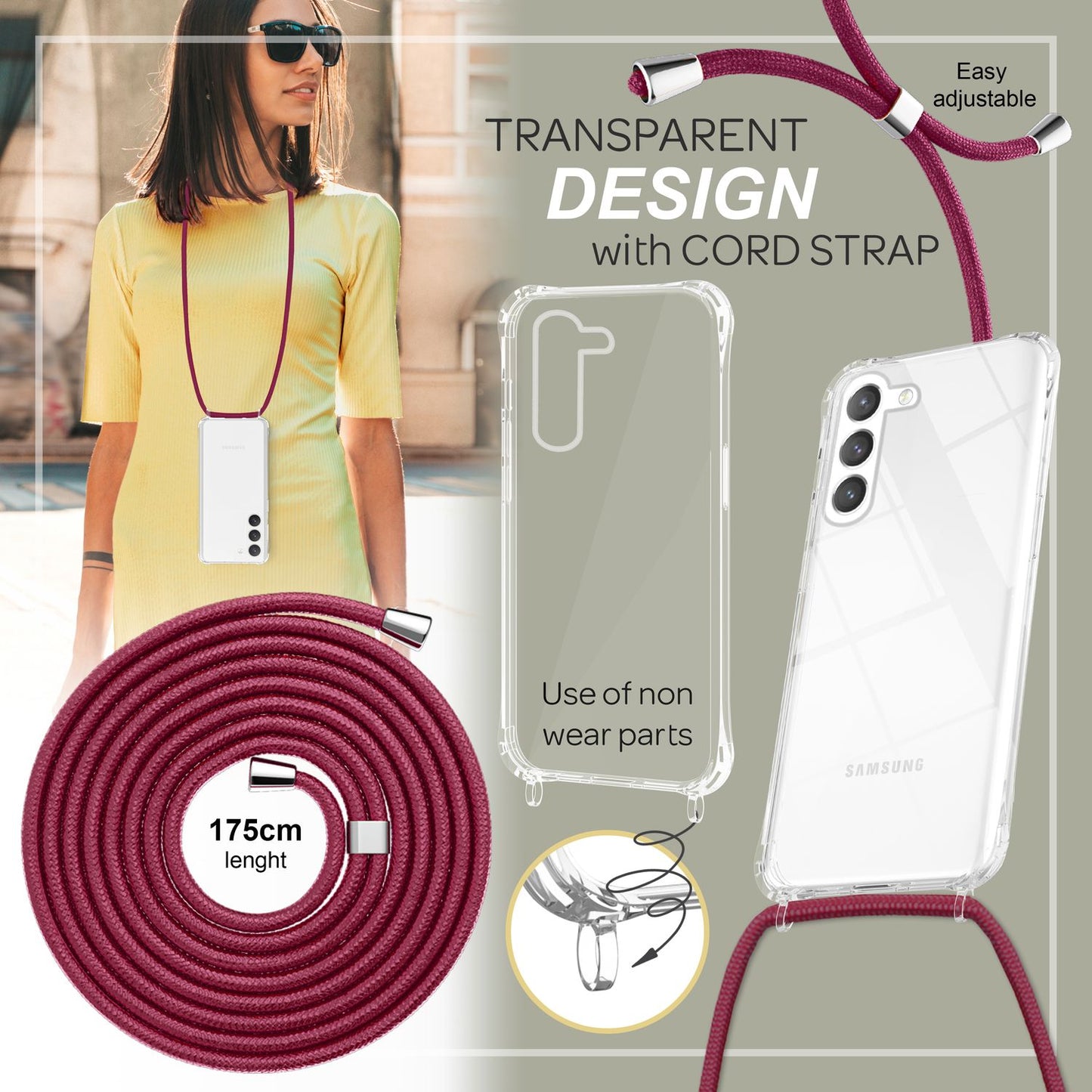 NALIA Handykette für Samsung Galaxy S23 Plus – Transparentes Hybrid-Case & Band – HANGIT PRO (Anti-Gelb Rückseite & Verstellbar) – Marke aus Berlin