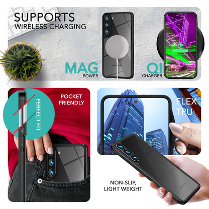 NALIA Handyhülle für Samsung Galaxy S23 – Transparentes Hardcase & Schwarzer Bumper – PROVA (Vergilbungsfrei & Stoßfest) – Marke aus Berlin