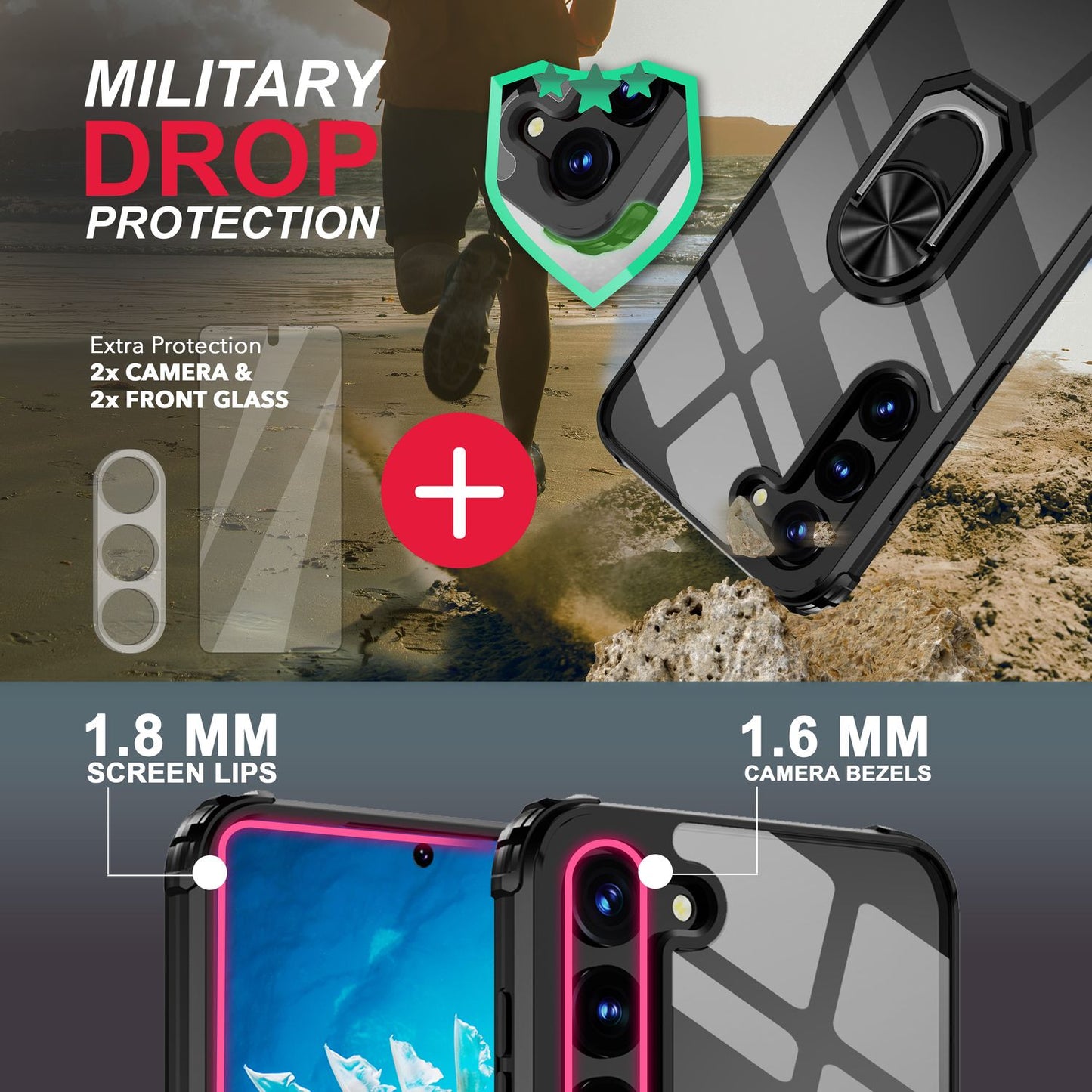 NALIA Ringhülle für Samsung Galaxy S23 Plus – Für Magnethalter & 360° Stand – VAULT (Kristallklare Rückseite & Stoßfester Silikon-Rahmen) – Marke aus Berlin