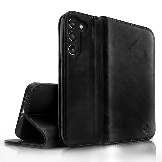NALIA Echtlederhülle für Samsung Galaxy S23 Plus – RFID Wallet & Magnet-Verschluss – LEVANTO (Handgefertigte Klapphülle) – Marke aus Berlin