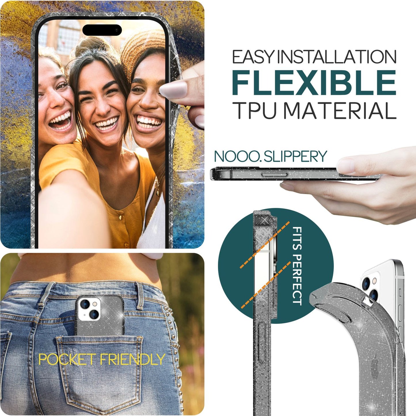 NALIA Glitzerhülle für iPhone 15 – Funkelndes Silikon Case – DAZZLIN (Transparent & Stoßfest) – Marke aus Berlin