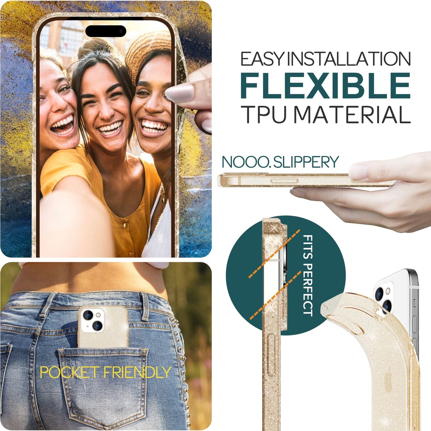 NALIA Glitzerhülle für iPhone 15 Plus – Funkelndes Silikon Case – DAZZLIN (Transparent & Stoßfest) – Marke aus Berlin