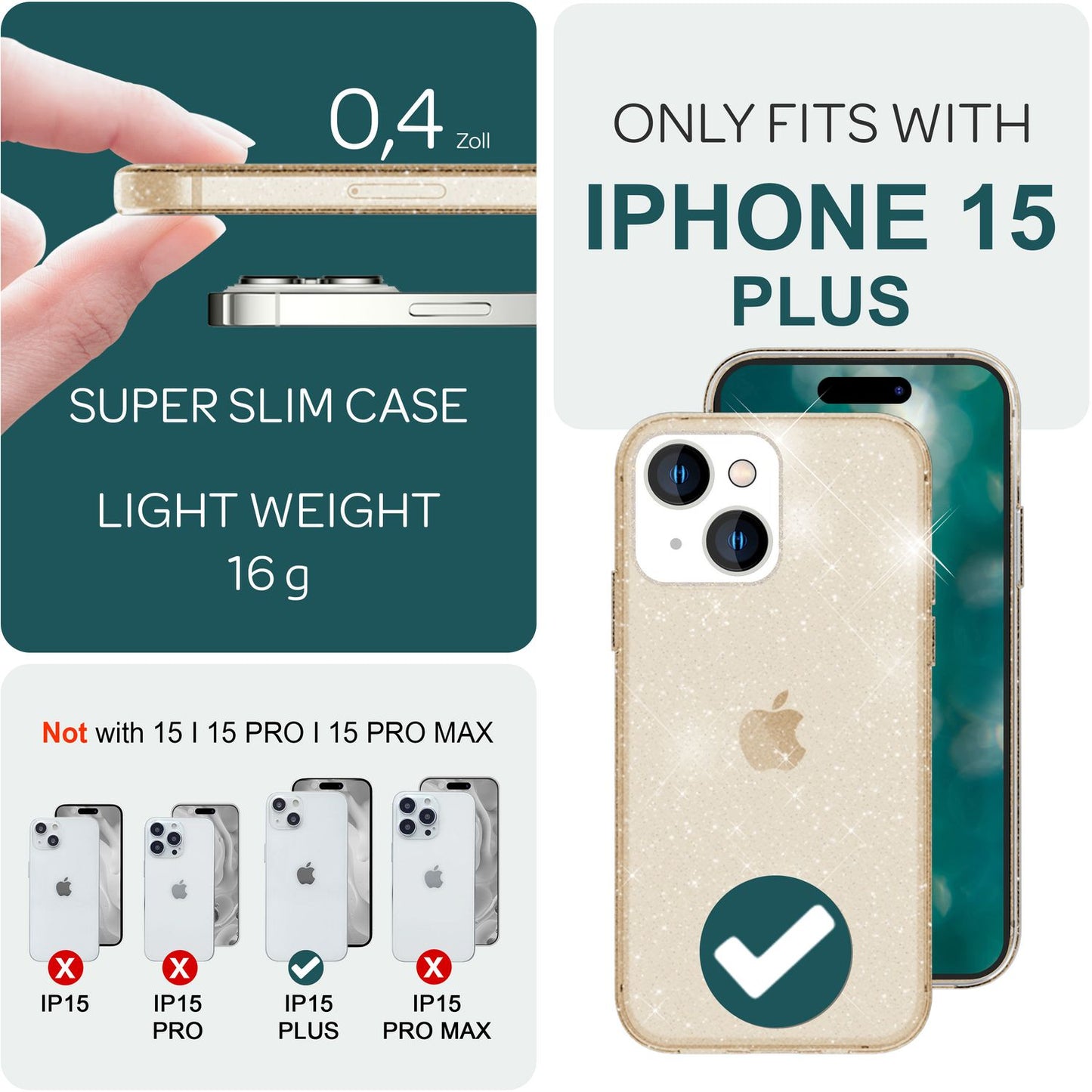 NALIA Glitzerhülle für iPhone 15 Plus – Funkelndes Silikon Case – DAZZLIN (Transparent & Stoßfest) – Marke aus Berlin