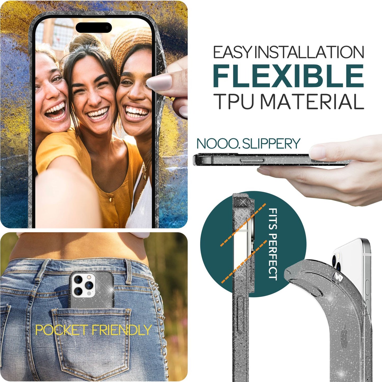 NALIA Glitzerhülle für iPhone 15 Pro – Funkelndes Silikon Case – DAZZLIN (Transparent & Stoßfest) – Marke aus Berlin