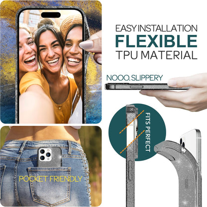 NALIA Glitzerhülle für iPhone 15 Pro – Funkelndes Silikon Case – DAZZLIN (Transparent & Stoßfest) – Marke aus Berlin