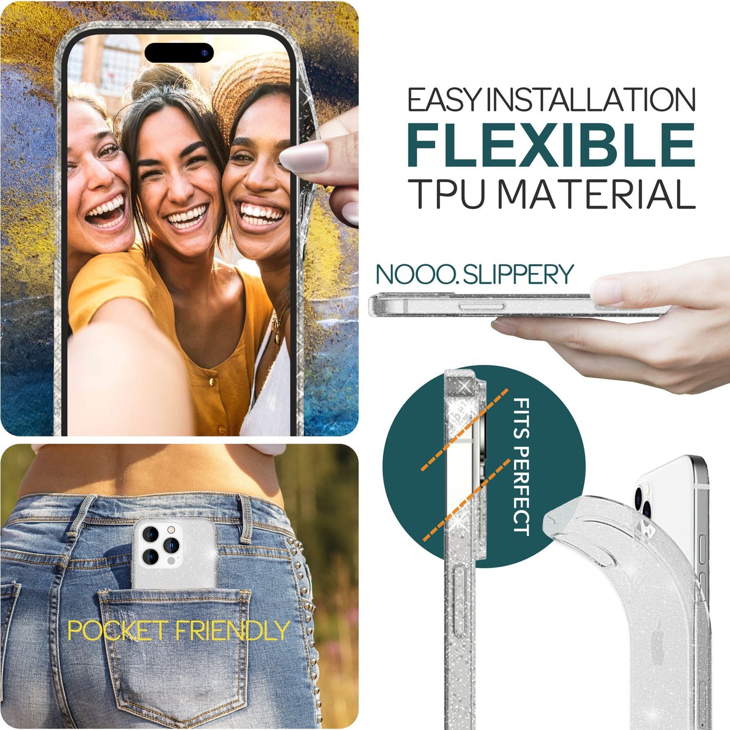 NALIA Glitzerhülle für iPhone 15 Pro Max – Funkelndes Silikon Case – DAZZLIN (Transparent & Stoßfest) – Marke aus Berlin