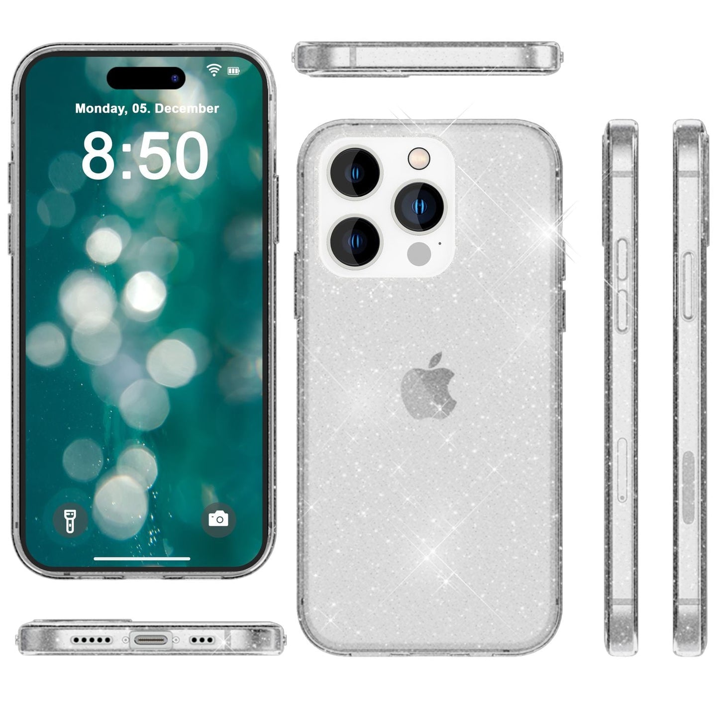 NALIA Glitzerhülle für iPhone 15 Pro Max – Funkelndes Silikon Case – DAZZLIN (Transparent & Stoßfest) – Marke aus Berlin