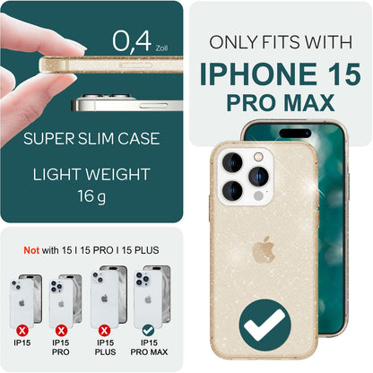 NALIA Glitzerhülle für iPhone 15 Pro Max – Funkelndes Silikon Case – DAZZLIN (Transparent & Stoßfest) – Marke aus Berlin
