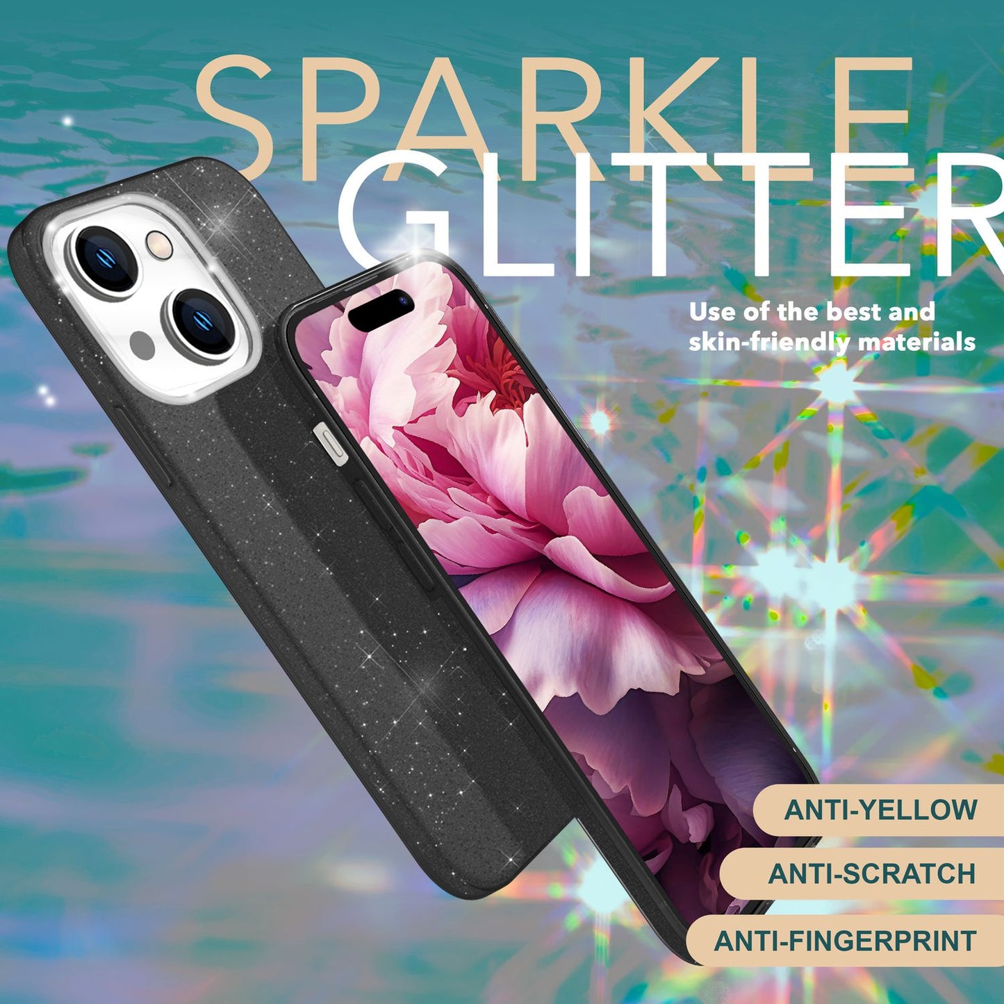 NALIA Glitzerhülle für iPhone 15 Plus – Funkelnder Glitzer-Look & Grip – SHINEPOP (Silikon Case) – Marke aus Berlin
