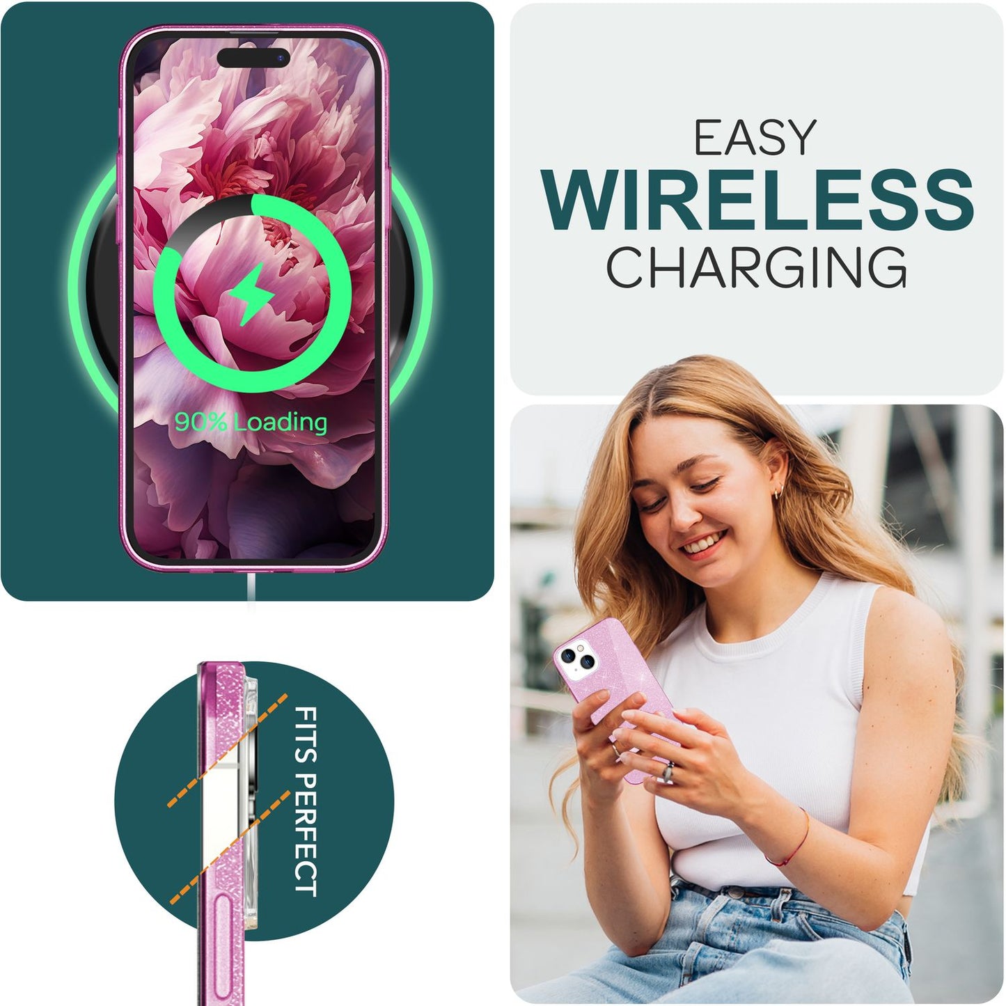 NALIA Glitzerhülle für iPhone 15 Plus – Funkelnder Glitzer-Look & Grip – SHINEPOP (Silikon Case) – Marke aus Berlin