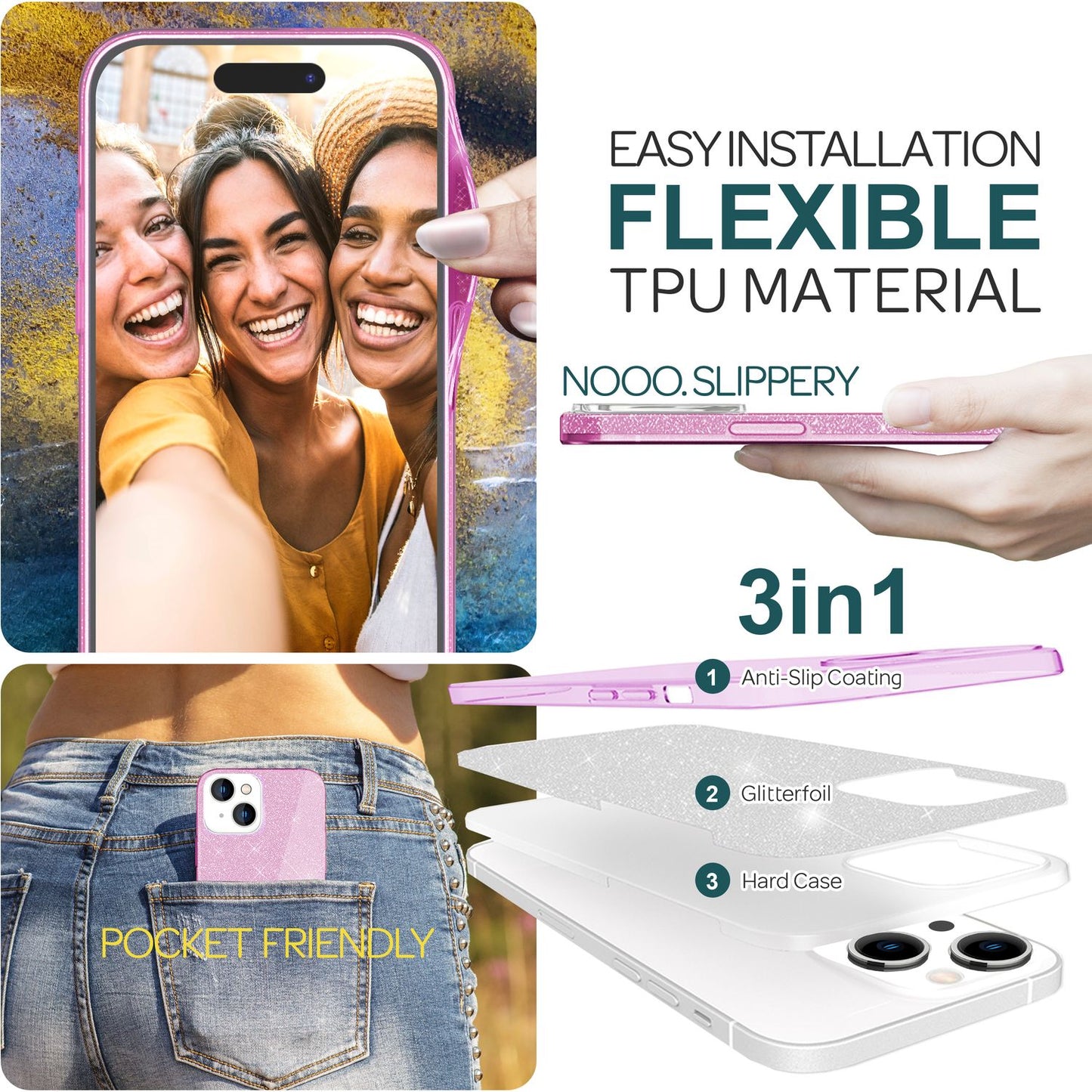 NALIA Glitzerhülle für iPhone 15 Plus – Funkelnder Glitzer-Look & Grip – SHINEPOP (Silikon Case) – Marke aus Berlin