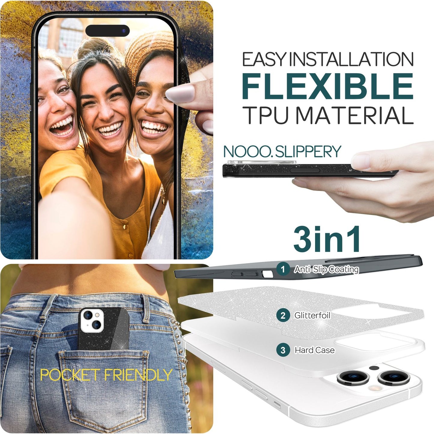 NALIA Glitzerhülle für iPhone 15 Plus – Funkelnder Glitzer-Look & Grip – SHINEPOP (Silikon Case) – Marke aus Berlin