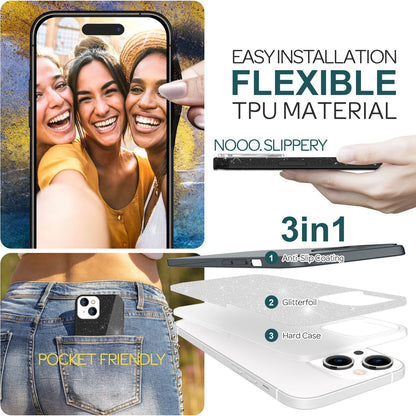 NALIA Glitzerhülle für iPhone 15 Plus – Funkelnder Glitzer-Look & Grip – SHINEPOP (Silikon Case) – Marke aus Berlin