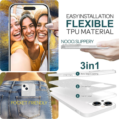 NALIA Glitzerhülle für iPhone 15 Plus – Funkelnder Glitzer-Look & Grip – SHINEPOP (Silikon Case) – Marke aus Berlin