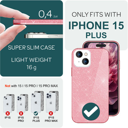 NALIA Glitzerhülle für iPhone 15 Plus – Funkelnder Glitzer-Look & Grip – SHINEPOP (Silikon Case) – Marke aus Berlin