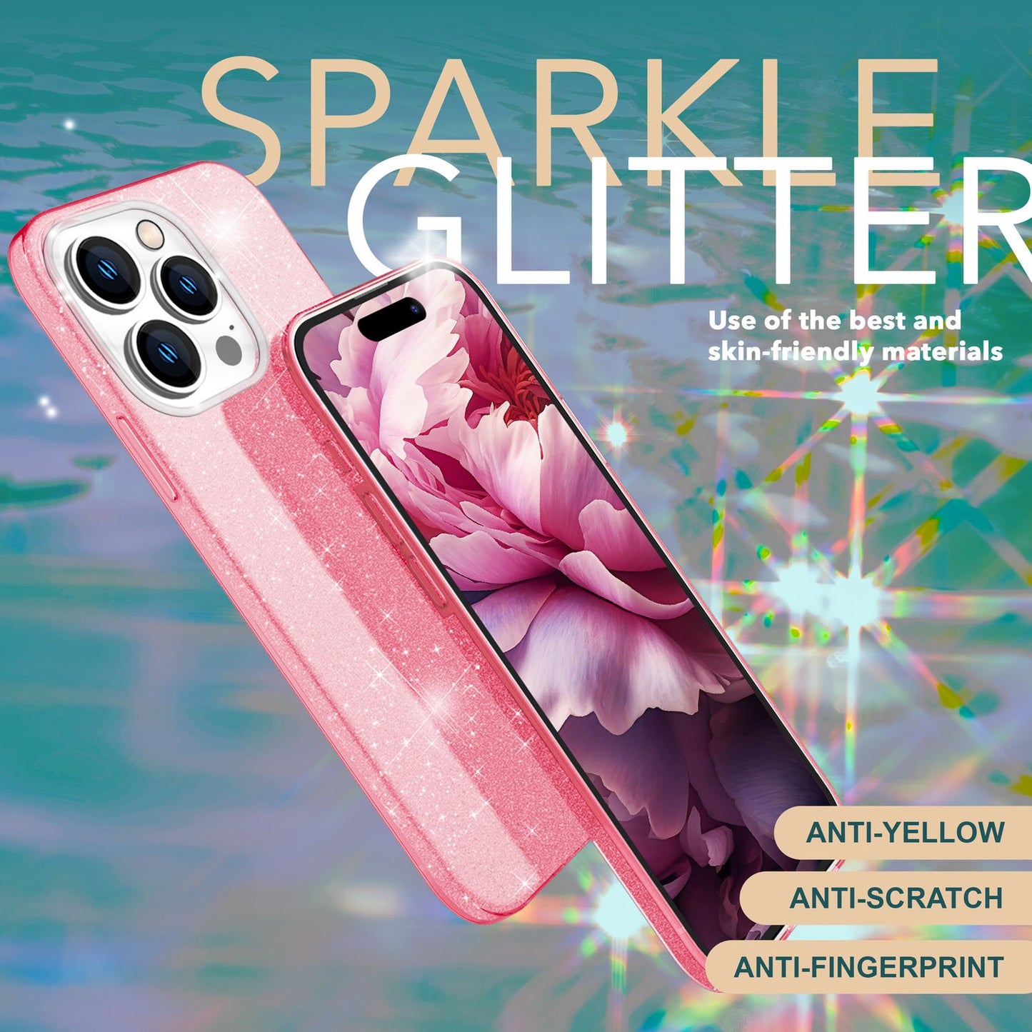 NALIA Glitzerhülle für iPhone 15 Pro – Funkelnder Glitzer-Look & Grip – SHINEPOP (Silikon Case) – Marke aus Berlin