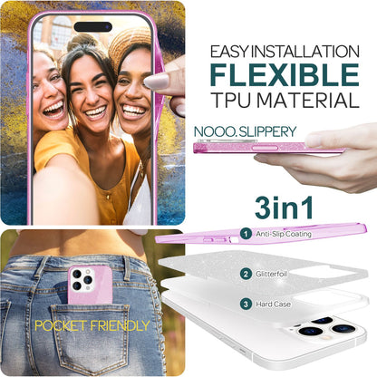 NALIA Glitzerhülle für iPhone 15 Pro – Funkelnder Glitzer-Look & Grip – SHINEPOP (Silikon Case) – Marke aus Berlin