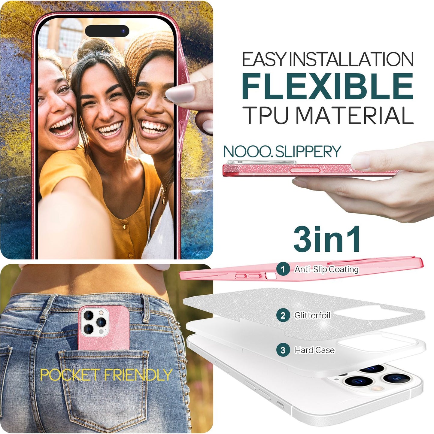 NALIA Glitzerhülle für iPhone 15 Pro – Funkelnder Glitzer-Look & Grip – SHINEPOP (Silikon Case) – Marke aus Berlin
