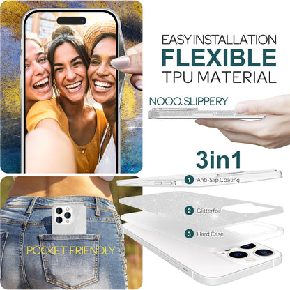 NALIA Glitzerhülle für iPhone 15 Pro – Funkelnder Glitzer-Look & Grip – SHINEPOP (Silikon Case) – Marke aus Berlin