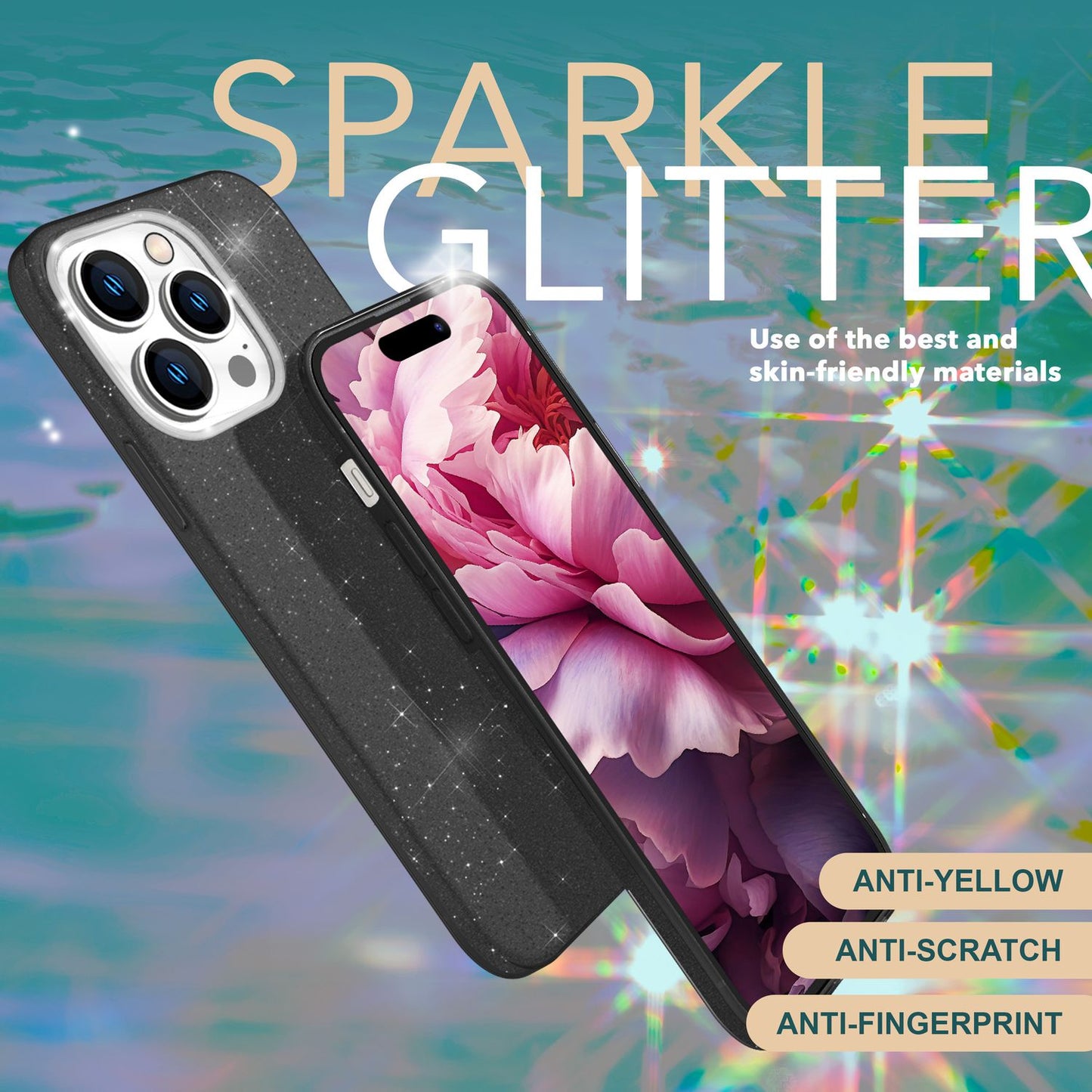 NALIA Glitzerhülle für iPhone 15 Pro Max – Funkelnder Glitzer-Look & Grip – SHINEPOP (Silikon Case) – Marke aus Berlin