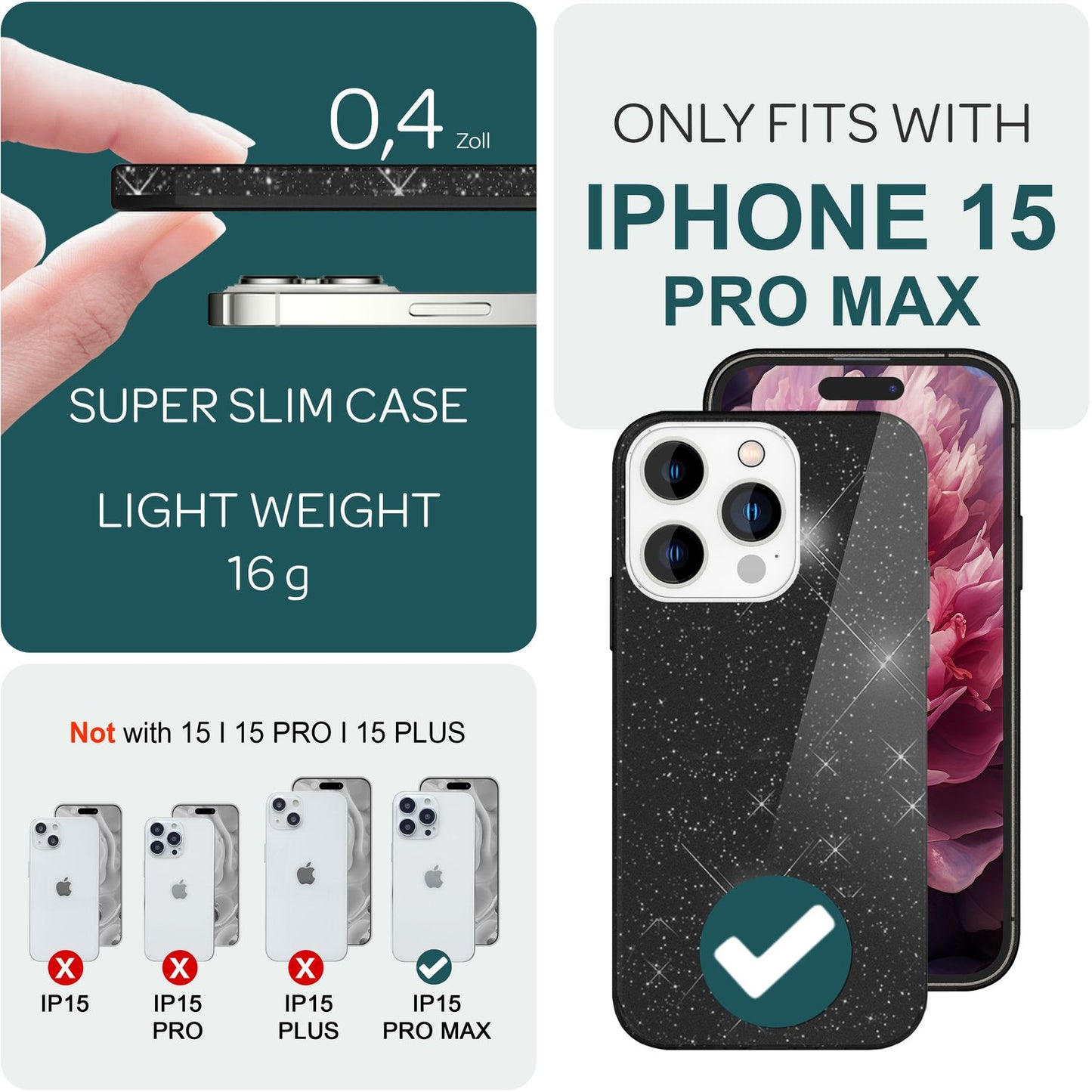 NALIA Glitzerhülle für iPhone 15 Pro Max – Funkelnder Glitzer-Look & Grip – SHINEPOP (Silikon Case) – Marke aus Berlin