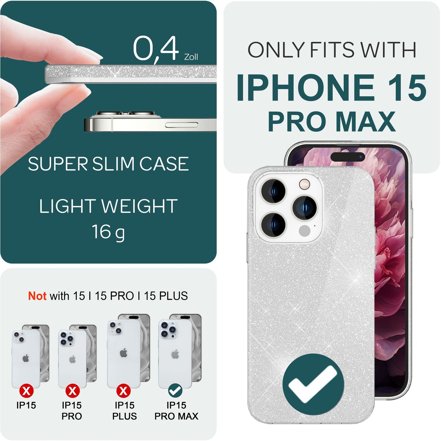 NALIA Glitzerhülle für iPhone 15 Pro Max – Funkelnder Glitzer-Look & Grip – SHINEPOP (Silikon Case) – Marke aus Berlin