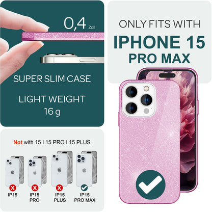 NALIA Glitzerhülle für iPhone 15 Pro Max – Funkelnder Glitzer-Look & Grip – SHINEPOP (Silikon Case) – Marke aus Berlin