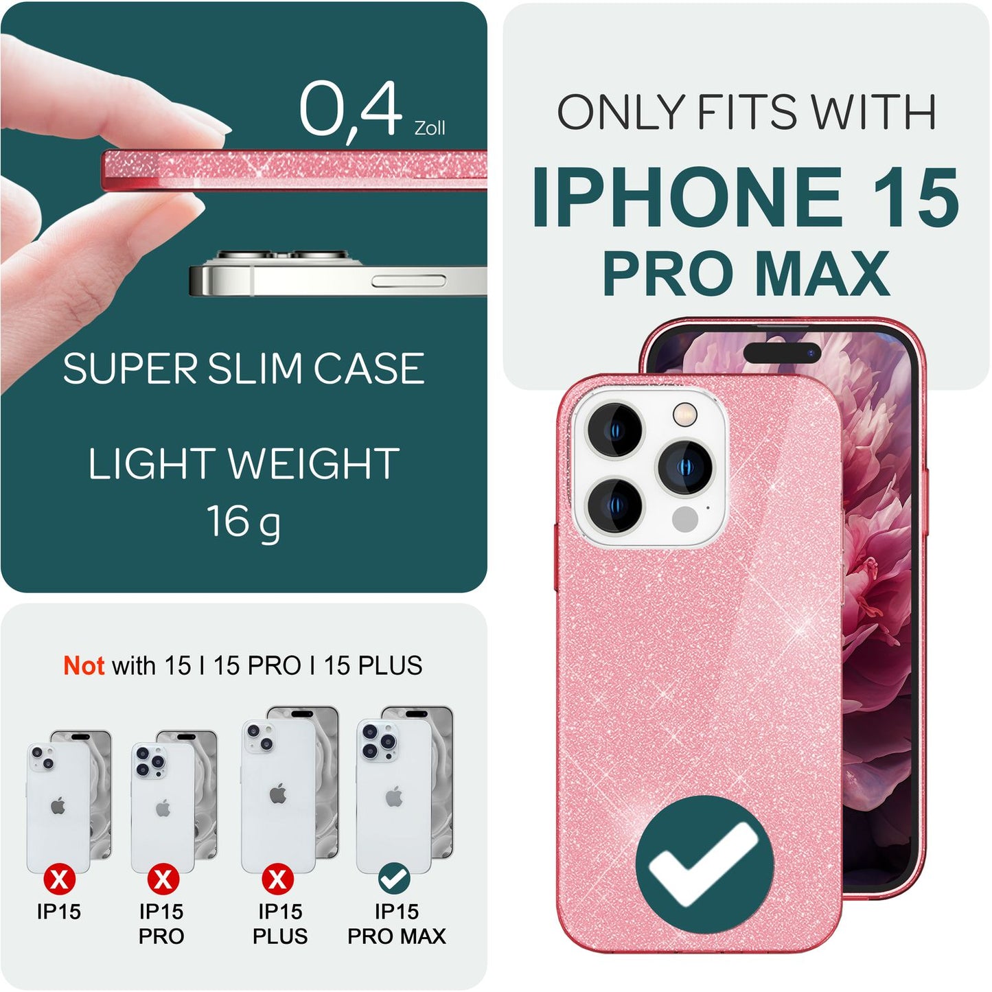 NALIA Glitzerhülle für iPhone 15 Pro Max – Funkelnder Glitzer-Look & Grip – SHINEPOP (Silikon Case) – Marke aus Berlin