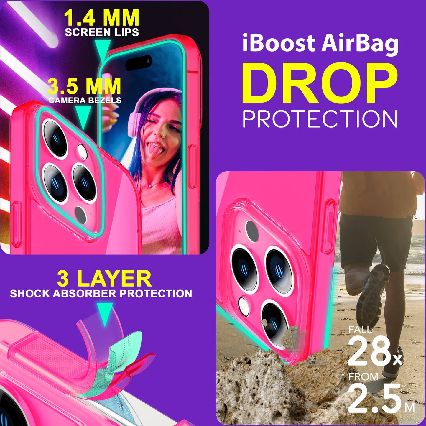 NALIA Neon Silikonhülle für iPhone 15 Pro Max – Knallige Signal-Farbe & Linsenschutz – VIBE (Transparentes Case) – Marke aus Berlin