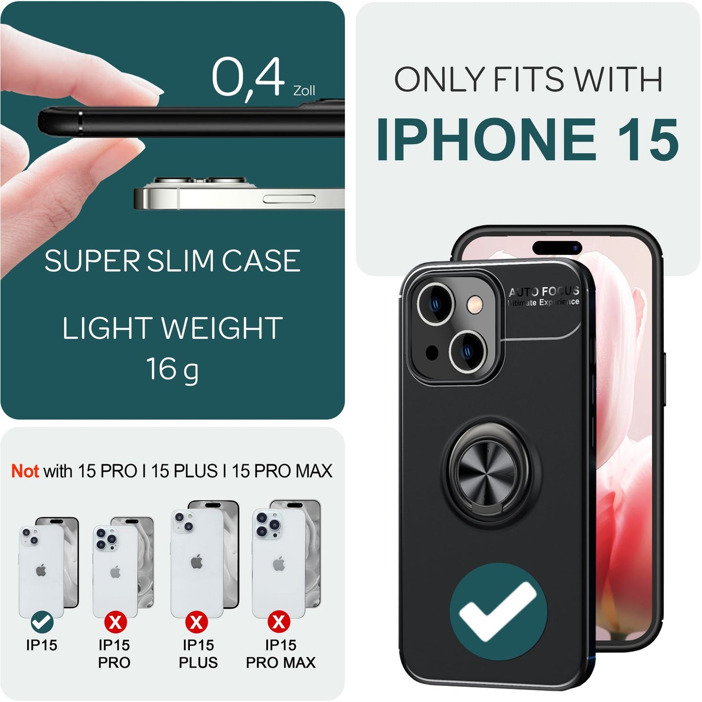NALIA Ringhülle für iPhone 15 – Ring-Ständer 360° & für Magnet-Halter – GRIP360 (Mattiertes Silikon Case) – Marke aus Berlin