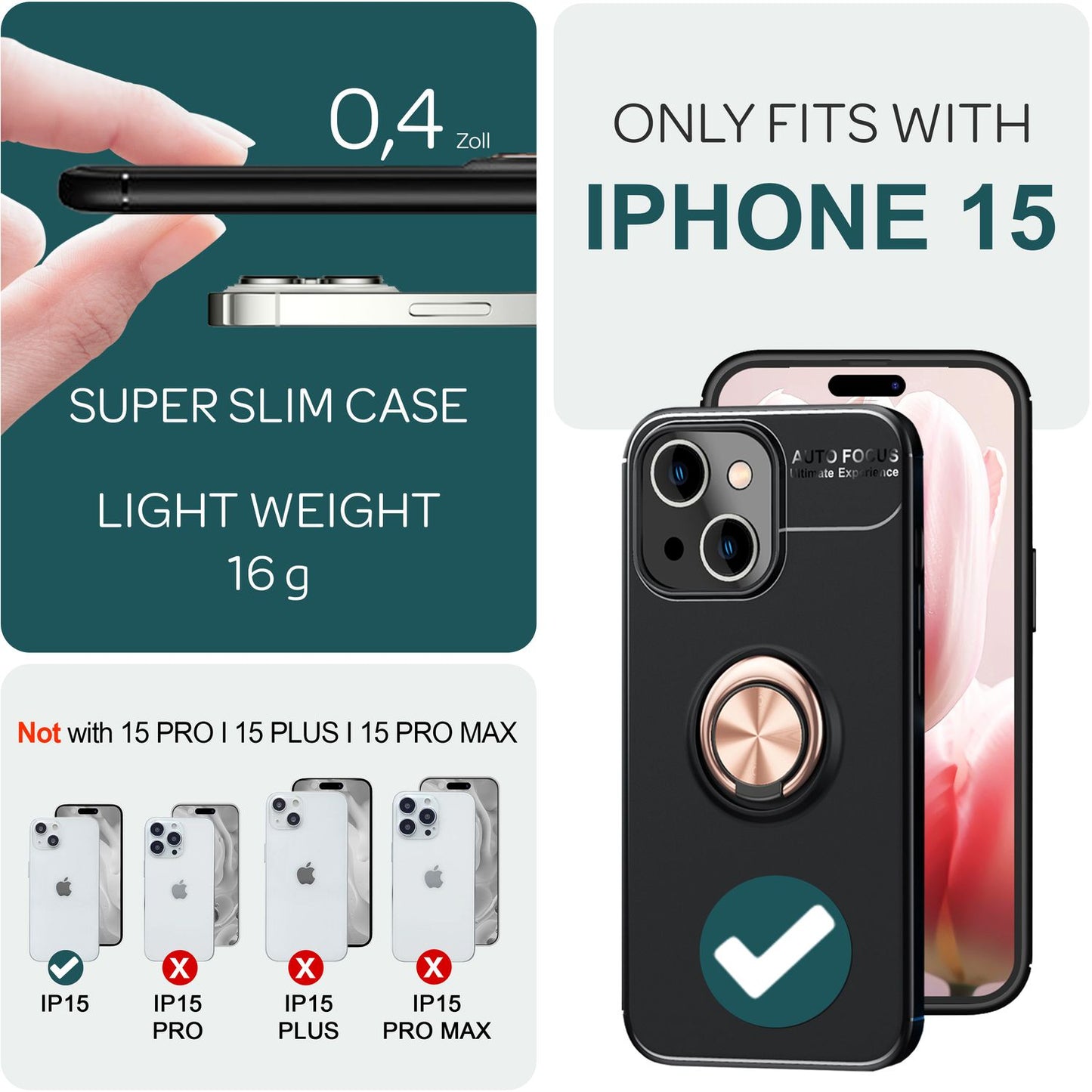 NALIA Ringhülle für iPhone 15 – Ring-Ständer 360° & für Magnet-Halter – GRIP360 (Mattiertes Silikon Case) – Marke aus Berlin