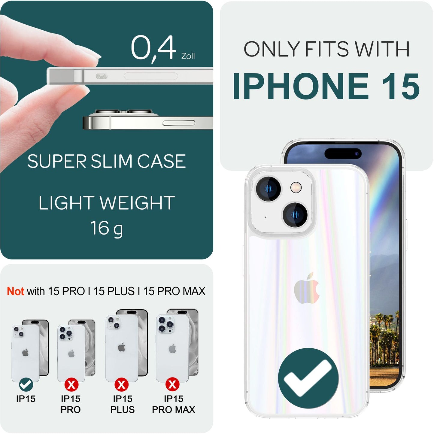 NALIA Klares Hartglas Cover kompatibel mit iPhone 15 Hülle, Durchsichtig Regenbogen Effekt Kratzfest Anti-Gelb Tempered Glass mit Silikon, Transparent Holografisch Glänzend Schutzhülle Handyhülle