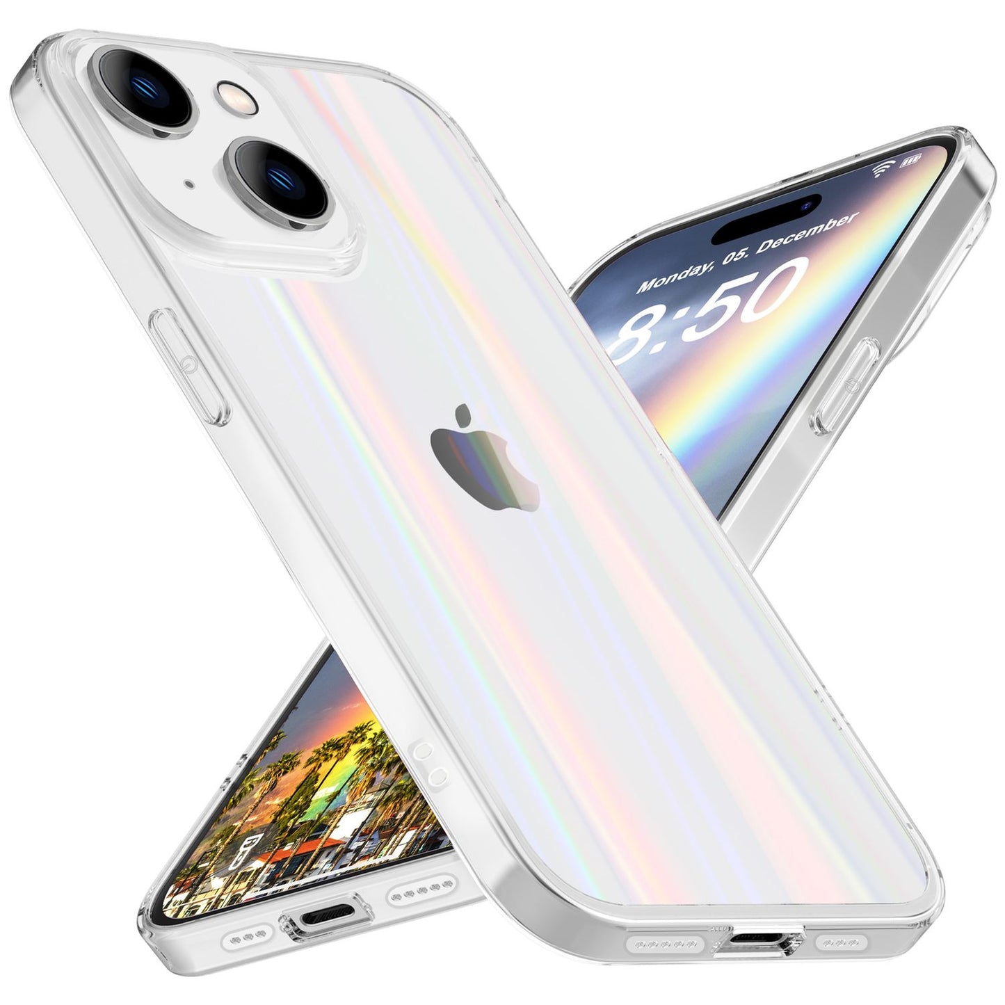 NALIA Klares Hartglas Cover kompatibel mit iPhone 15 Hülle, Durchsichtig Regenbogen Effekt Kratzfest Anti-Gelb Tempered Glass mit Silikon, Transparent Holografisch Glänzend Schutzhülle Handyhülle