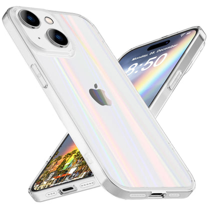 NALIA Klares Hartglas Cover kompatibel mit iPhone 15 Hülle, Durchsichtig Regenbogen Effekt Kratzfest Anti-Gelb Tempered Glass mit Silikon, Transparent Holografisch Glänzend Schutzhülle Handyhülle