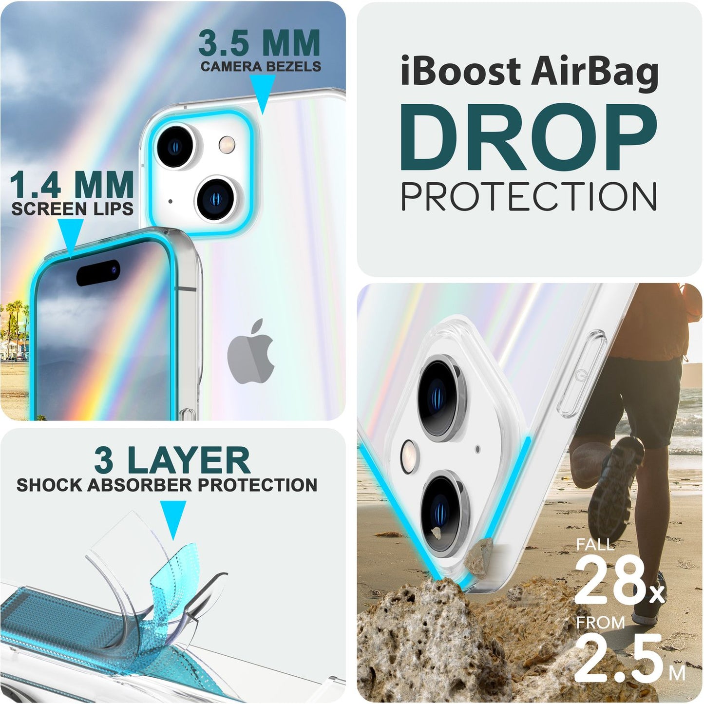 NALIA Klares Hartglas Cover kompatibel mit iPhone 15 Hülle, Durchsichtig Regenbogen Effekt Kratzfest Anti-Gelb Tempered Glass mit Silikon, Transparent Holografisch Glänzend Schutzhülle Handyhülle