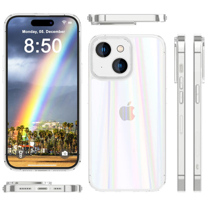 NALIA Klares Hartglas Cover kompatibel mit iPhone 15 Hülle, Durchsichtig Regenbogen Effekt Kratzfest Anti-Gelb Tempered Glass mit Silikon, Transparent Holografisch Glänzend Schutzhülle Handyhülle