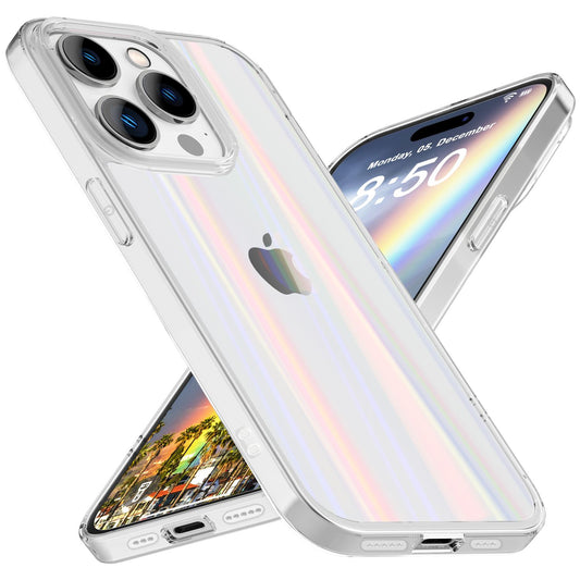 NALIA Transparente Glashülle für iPhone 15 Pro – Holografischer Prisma-Effekt (Regenbogen Schimmer) – 9H Hartglas & Anti-Gelb – AURORA – Marke aus Berlin