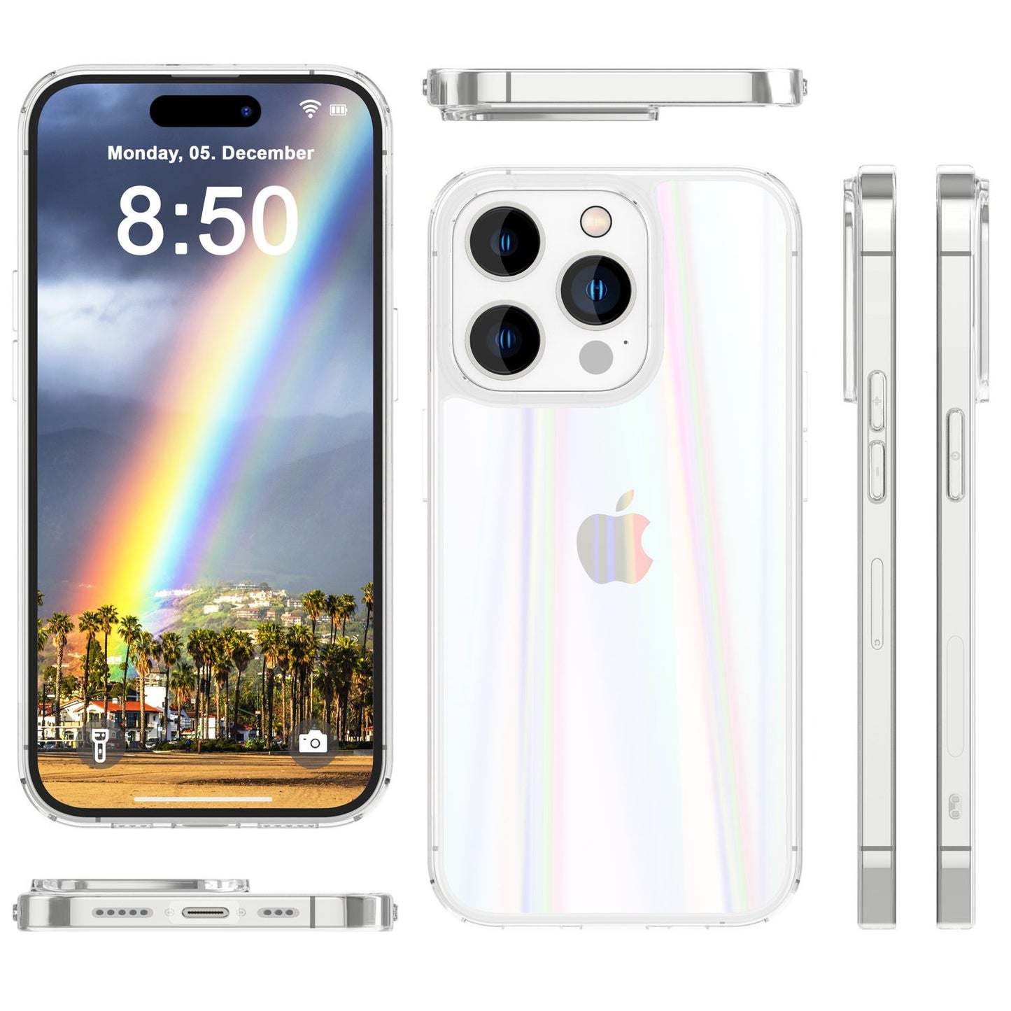NALIA Transparente Glashülle für iPhone 15 Pro – Holografischer Prisma-Effekt (Regenbogen Schimmer) – 9H Hartglas & Anti-Gelb – AURORA – Marke aus Berlin