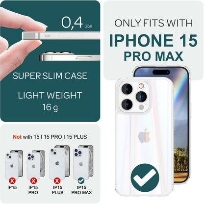 NALIA Transparente Glashülle für iPhone 15 Pro Max – Holografischer Prisma-Effekt (Regenbogen Schimmer) – 9H Hartglas & Anti-Gelb – AURORA – Marke aus Berlin