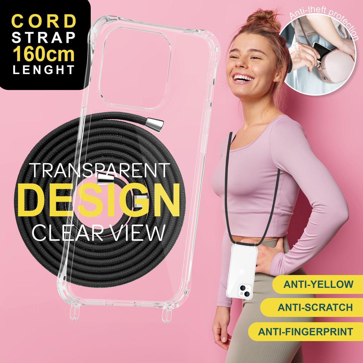 NALIA Handykette für iPhone 15 – Transparentes Hybrid-Case & Band – HANGIT PRO (Anti-Gelb Rückseite & Verstellbar) – Marke aus Berlin