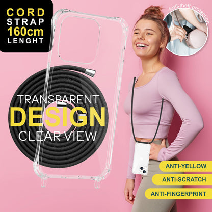 NALIA Handykette für iPhone 15 – Transparentes Hybrid-Case & Band – HANGIT PRO (Anti-Gelb Rückseite & Verstellbar) – Marke aus Berlin