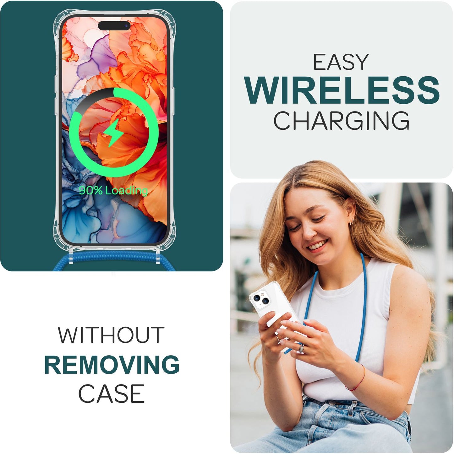 NALIA Handykette für iPhone 15 – Transparentes Hybrid-Case & Band – HANGIT PRO (Anti-Gelb Rückseite & Verstellbar) – Marke aus Berlin
