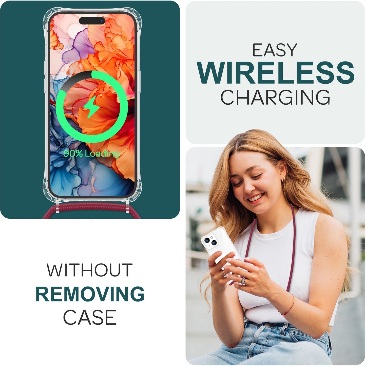 NALIA Handykette für iPhone 15 – Transparentes Hybrid-Case & Band – HANGIT PRO (Anti-Gelb Rückseite & Verstellbar) – Marke aus Berlin
